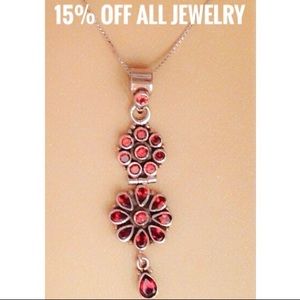 🆕 Stunning Genuine Garnet .925 Silver Flower Drop Long Necklace NWT